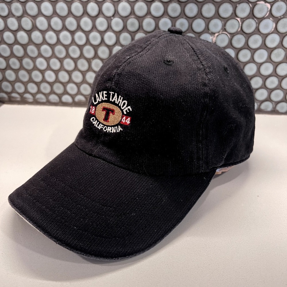 Vintage Lake Tahoe Corduroy‎ Strap Back Cap Hat Black Embroidered ADG American - Picture 3 of 9